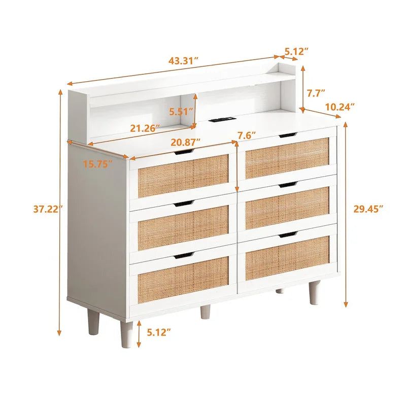 Rattan-Aufbewahrungsschrank mit 6 Schubladen und LED-Regal