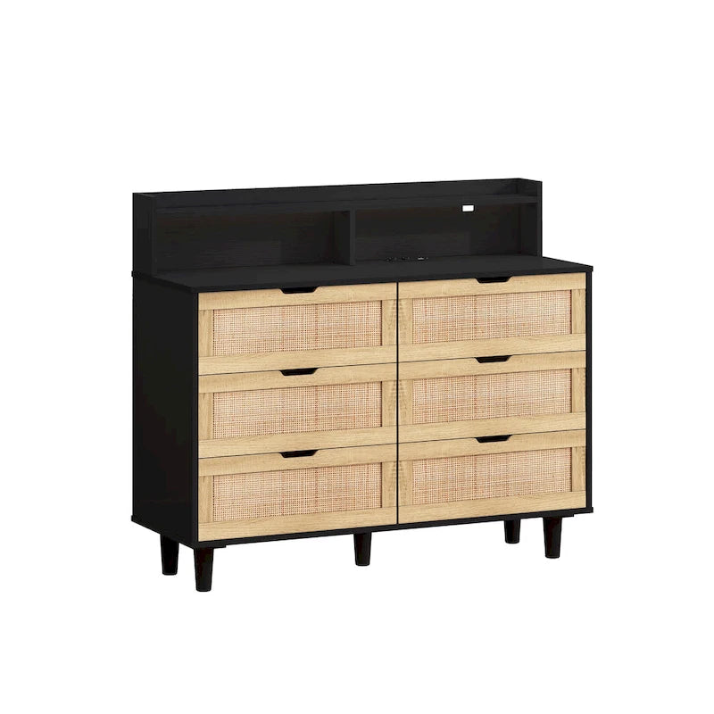 Rattan-Aufbewahrungsschrank mit 6 Schubladen und LED-Regal