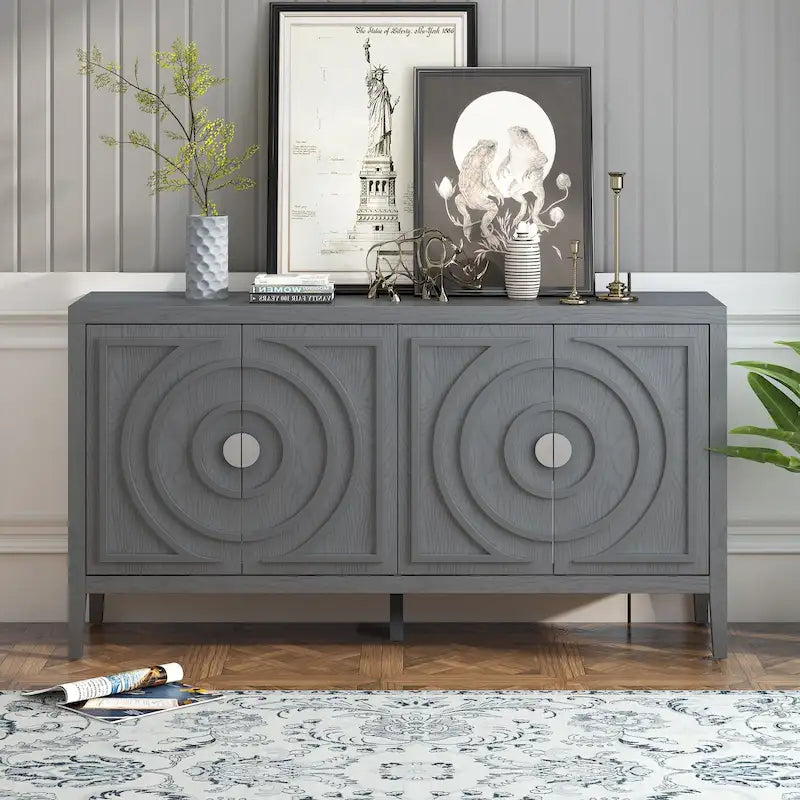 Aparador retro de 4 puertas con diseño de ranuras circulares y tiradores metálicos redondos