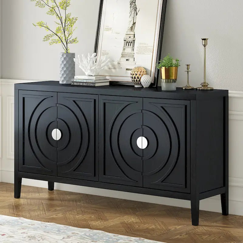 Retro Sideboard with Circular Groove Design Round Metal Door Handle