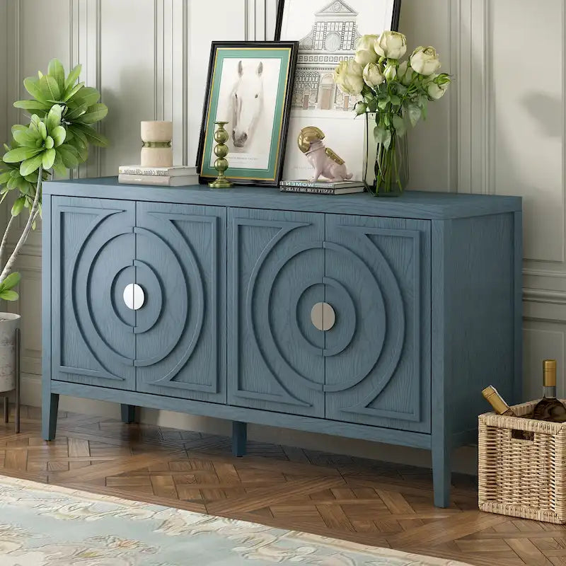 Retro-dressoirkast met 4 deuren, cirkelvormig groefdesign en ronde metalen handgrepen