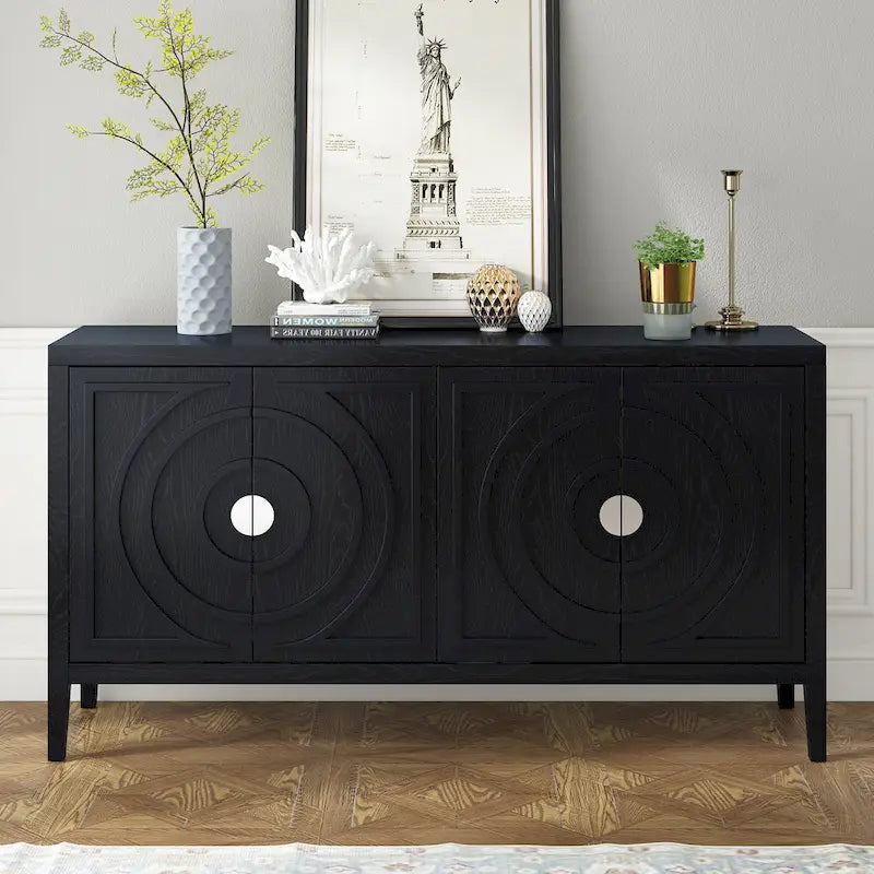 Retro-dressoirkast met 4 deuren, cirkelvormig groefdesign en ronde metalen handgrepen