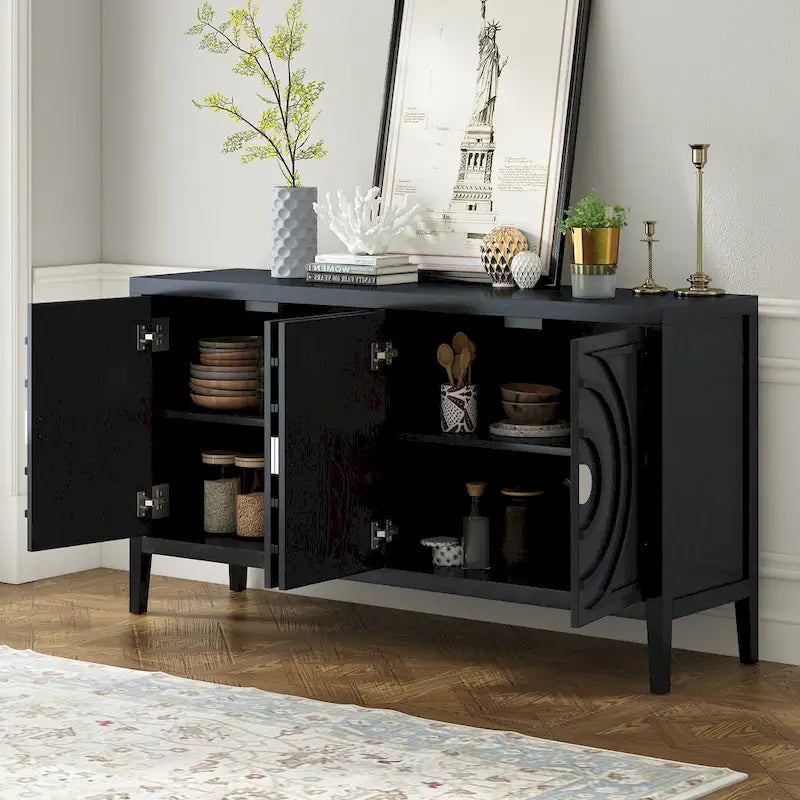 Retro-dressoirkast met 4 deuren, cirkelvormig groefdesign en ronde metalen handgrepen