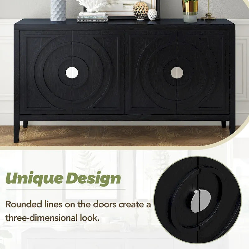 Retro-dressoirkast met 4 deuren, cirkelvormig groefdesign en ronde metalen handgrepen