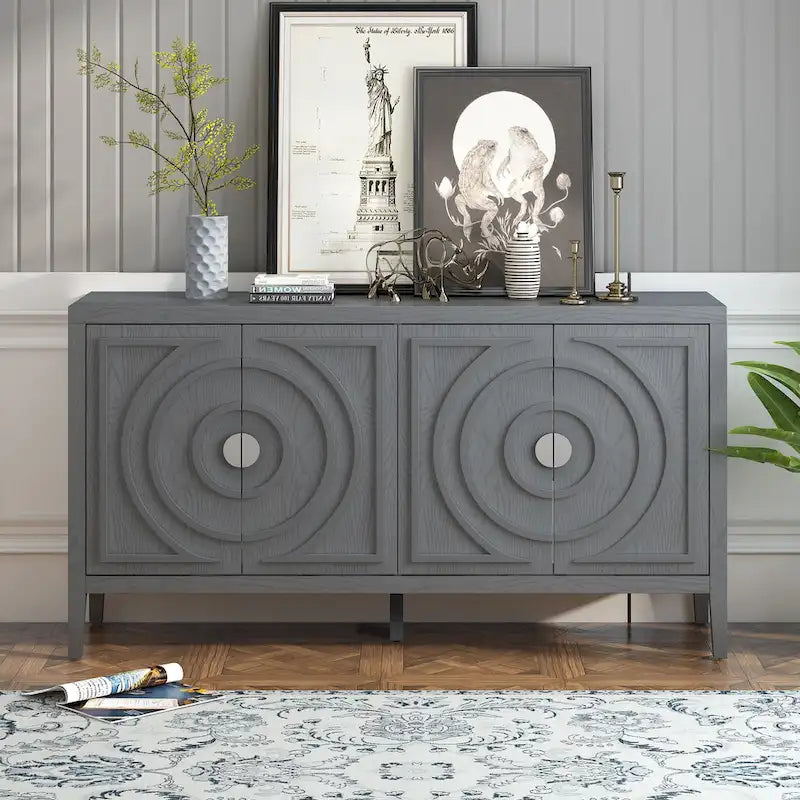 Retro-dressoirkast met 4 deuren, cirkelvormig groefdesign en ronde metalen handgrepen