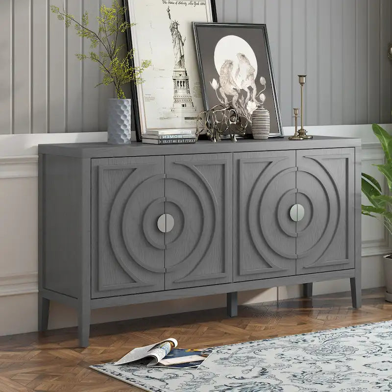 Retro-dressoirkast met 4 deuren, cirkelvormig groefdesign en ronde metalen handgrepen