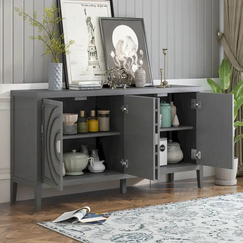 Retro-dressoirkast met 4 deuren, cirkelvormig groefdesign en ronde metalen handgrepen