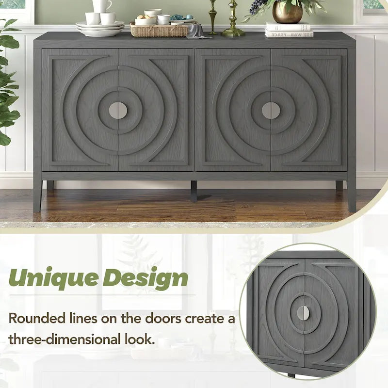 Retro-dressoirkast met 4 deuren, cirkelvormig groefdesign en ronde metalen handgrepen