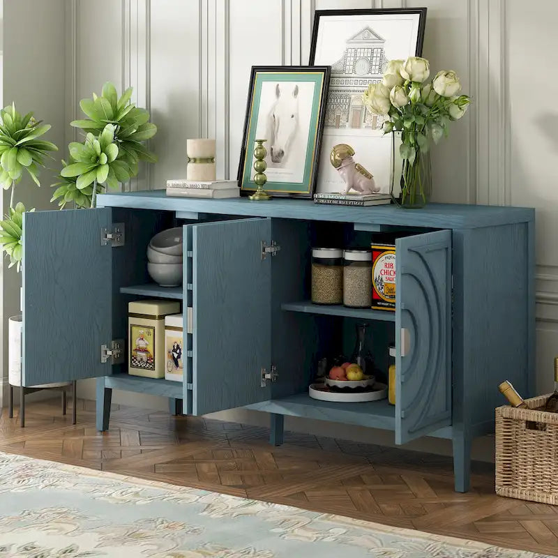 Retro-dressoirkast met 4 deuren, cirkelvormig groefdesign en ronde metalen handgrepen