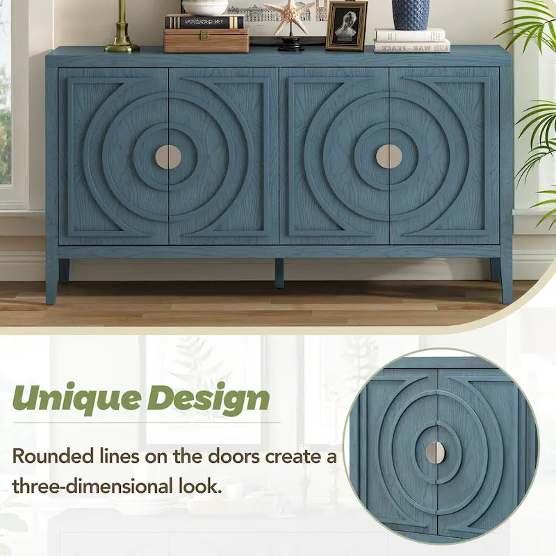 Retro-dressoirkast met 4 deuren, cirkelvormig groefdesign en ronde metalen handgrepen