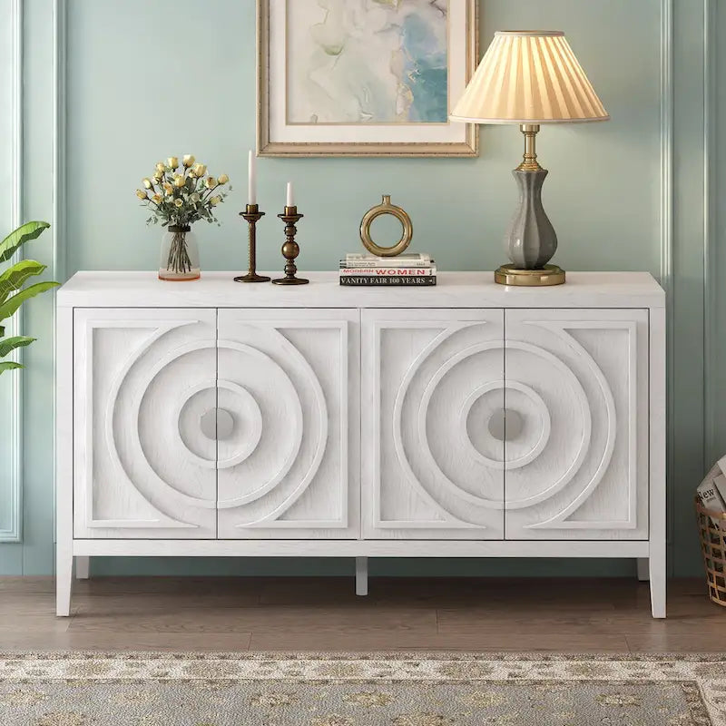 Retro-dressoirkast met 4 deuren, cirkelvormig groefdesign en ronde metalen handgrepen