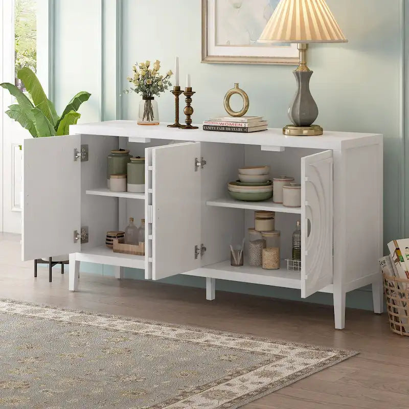 Retro-dressoirkast met 4 deuren, cirkelvormig groefdesign en ronde metalen handgrepen