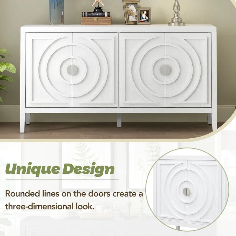 Retro-dressoirkast met 4 deuren, cirkelvormig groefdesign en ronde metalen handgrepen