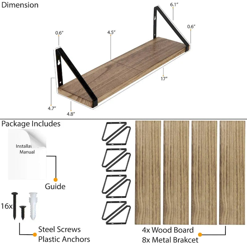 Schwebende Wandregale aus Holz, 17 Zoll, 2er-Set