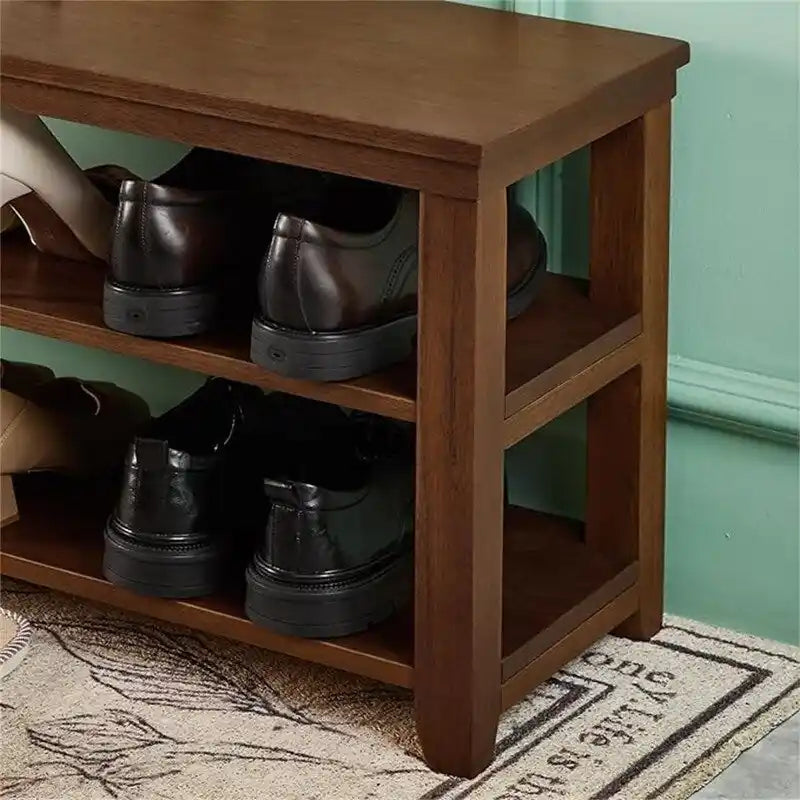 Houten schoenenbank met 2 niveaus en opbergplank