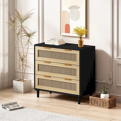 Rattan-Aufbewahrungsschrank mit 3 Schubladen und Holzrahmen