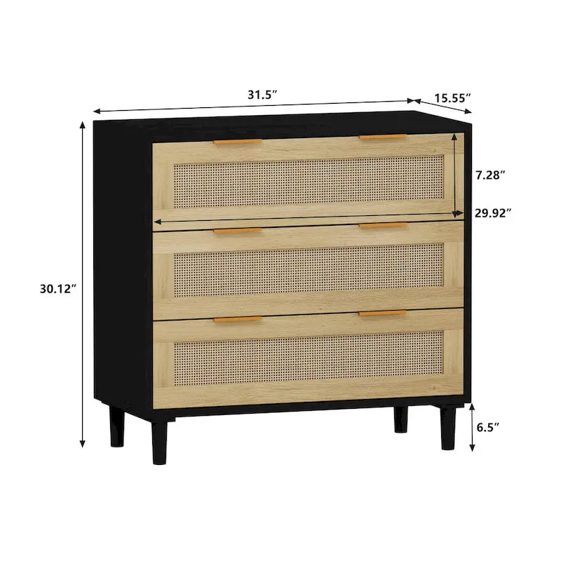 Rattan-Aufbewahrungsschrank mit 3 Schubladen und Holzrahmen