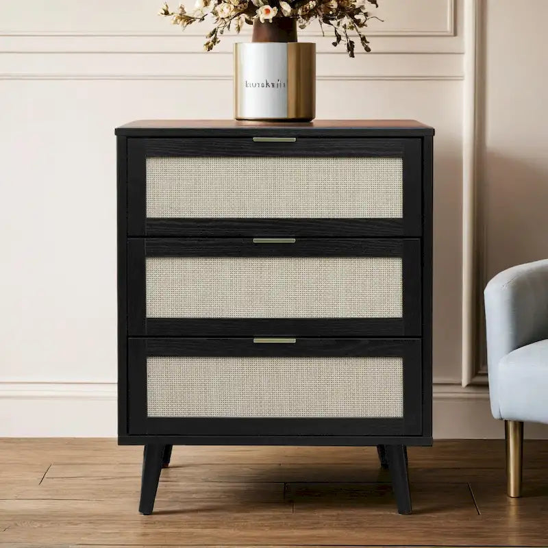 Mueble de almacenamiento de 3 cajones con frente tejido de ratán