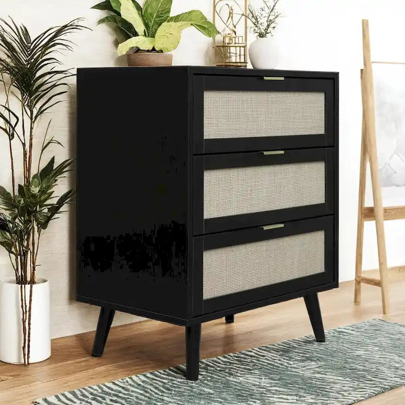 Mueble de almacenamiento de 3 cajones con frente tejido de ratán
