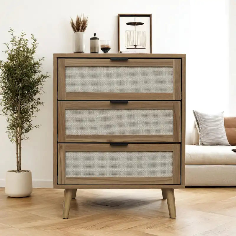 Mueble de almacenamiento de 3 cajones con frente tejido de ratán