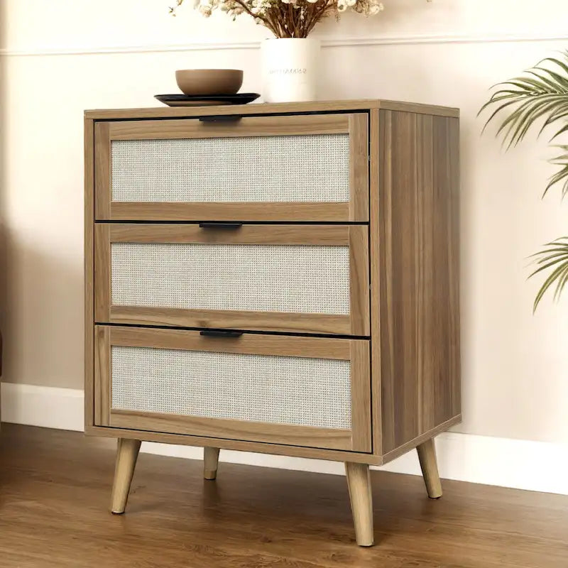 Mueble de almacenamiento de 3 cajones con frente tejido de ratán