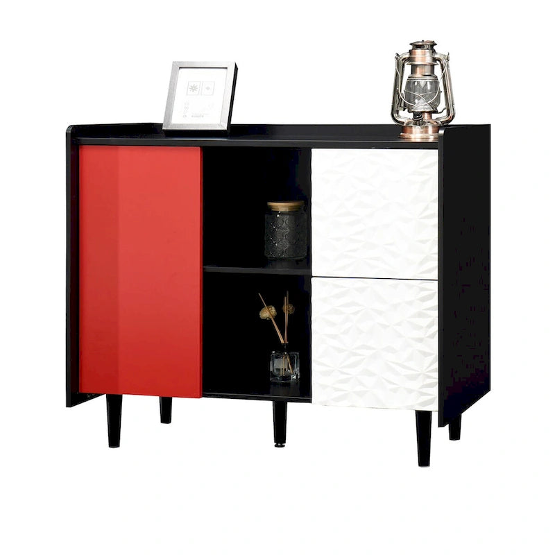 Schwarzes Sideboard mit 2 Schubladen, 2 Türen und offenen Fächern
