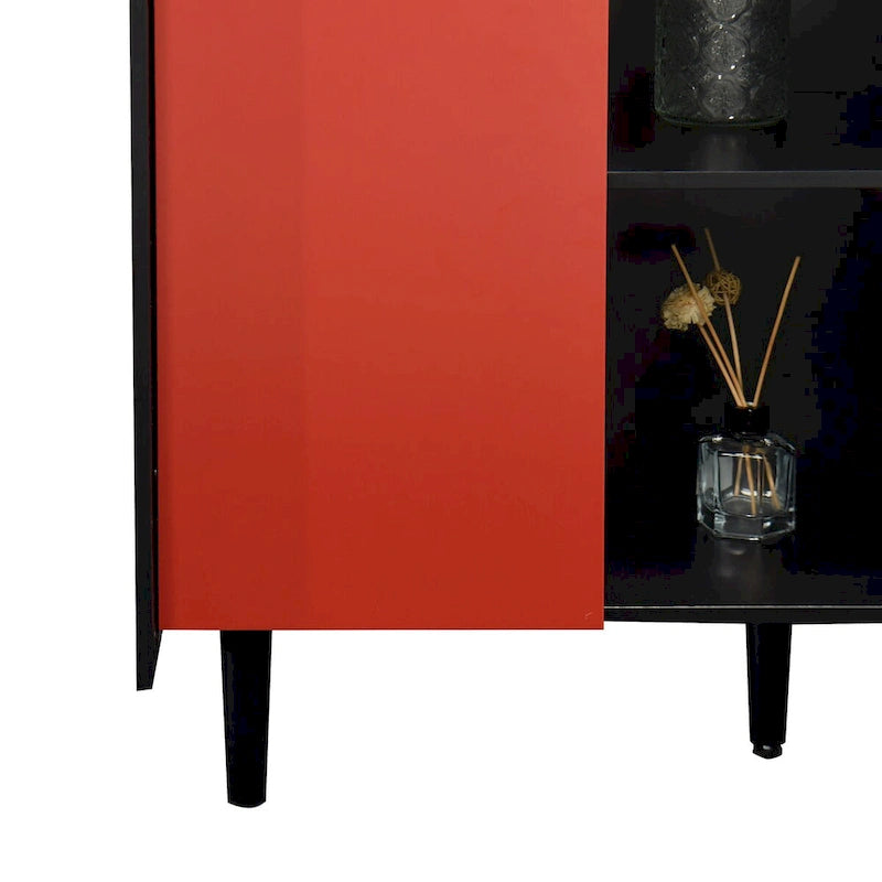 Schwarzes Sideboard mit 2 Schubladen, 2 Türen und offenen Fächern