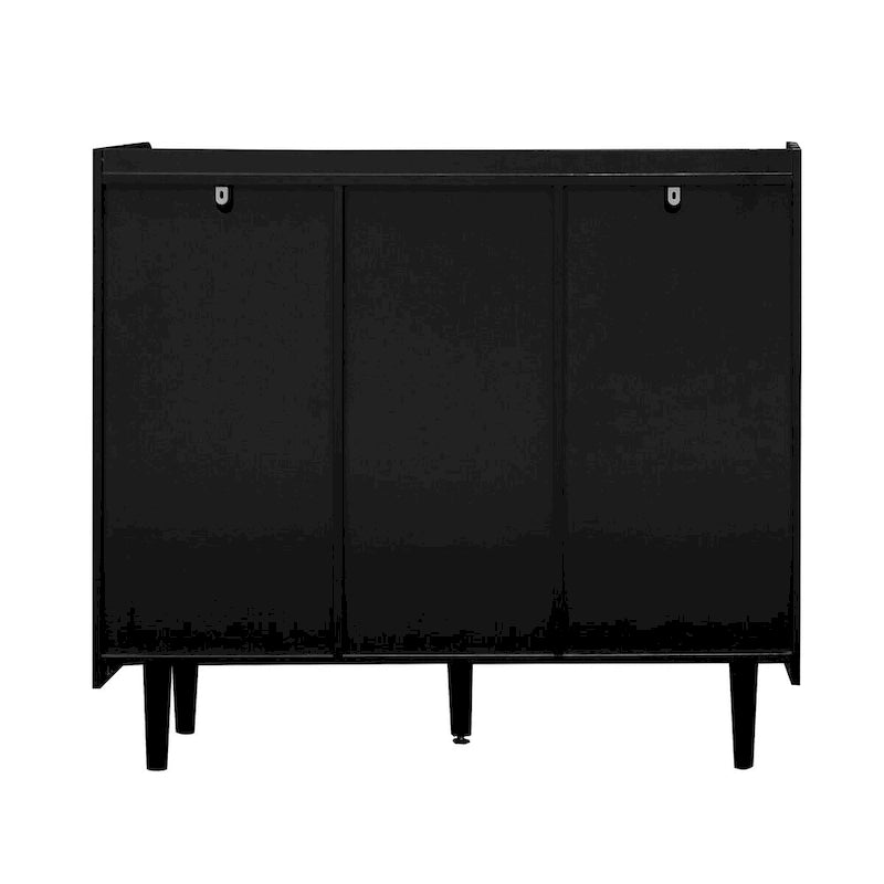 Schwarzes Sideboard mit 2 Schubladen, 2 Türen und offenen Fächern