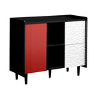 Schwarzes Sideboard mit 2 Schubladen, 2 Türen und offenen Fächern