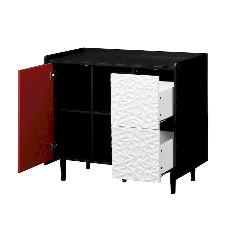 Schwarzes Sideboard mit 2 Schubladen, 2 Türen und offenen Fächern