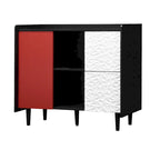 Schwarzes Sideboard mit 2 Schubladen, 2 Türen und offenen Fächern
