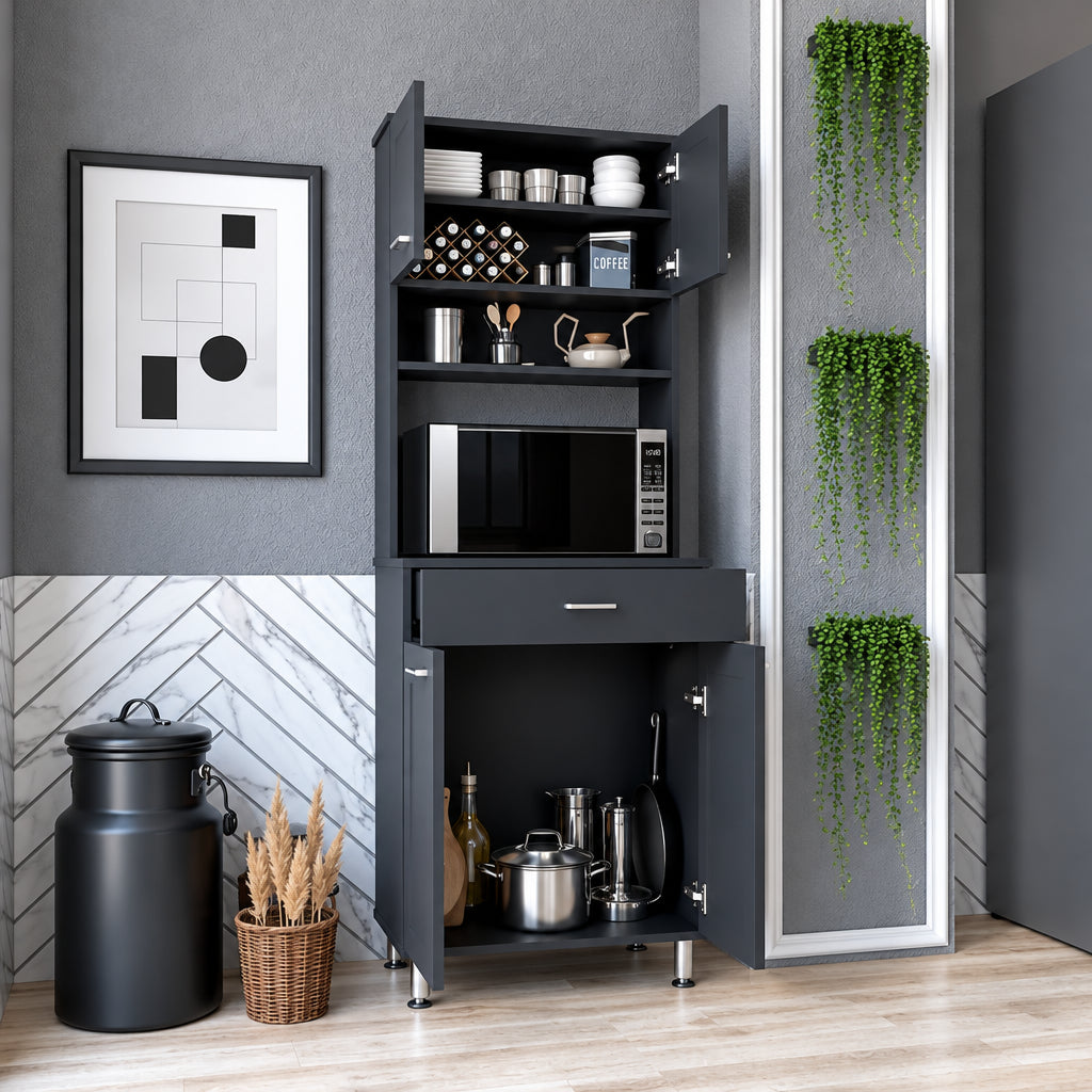 Pantry Piacenza,Two Double Door Cabinet, Black Wengue Finish,High quality and durable