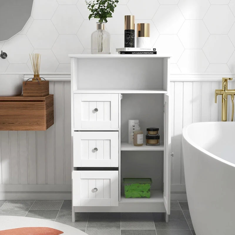 Standing bathroom storage cabinet with 3 drawers and 1 door
