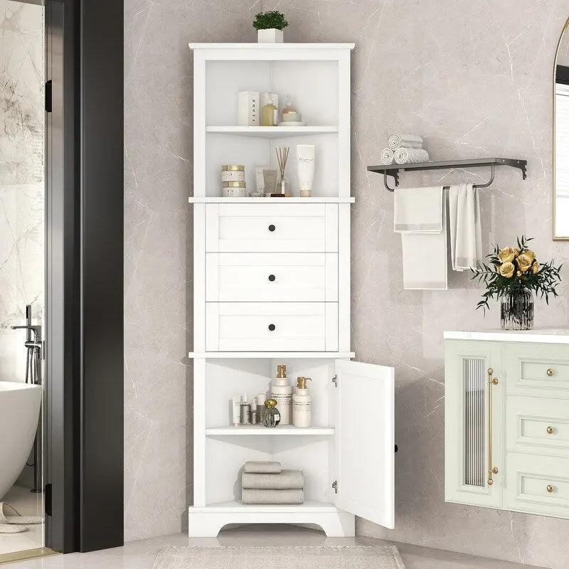 Mueble esquinero triangular con 3 cajones y estantes ajustables