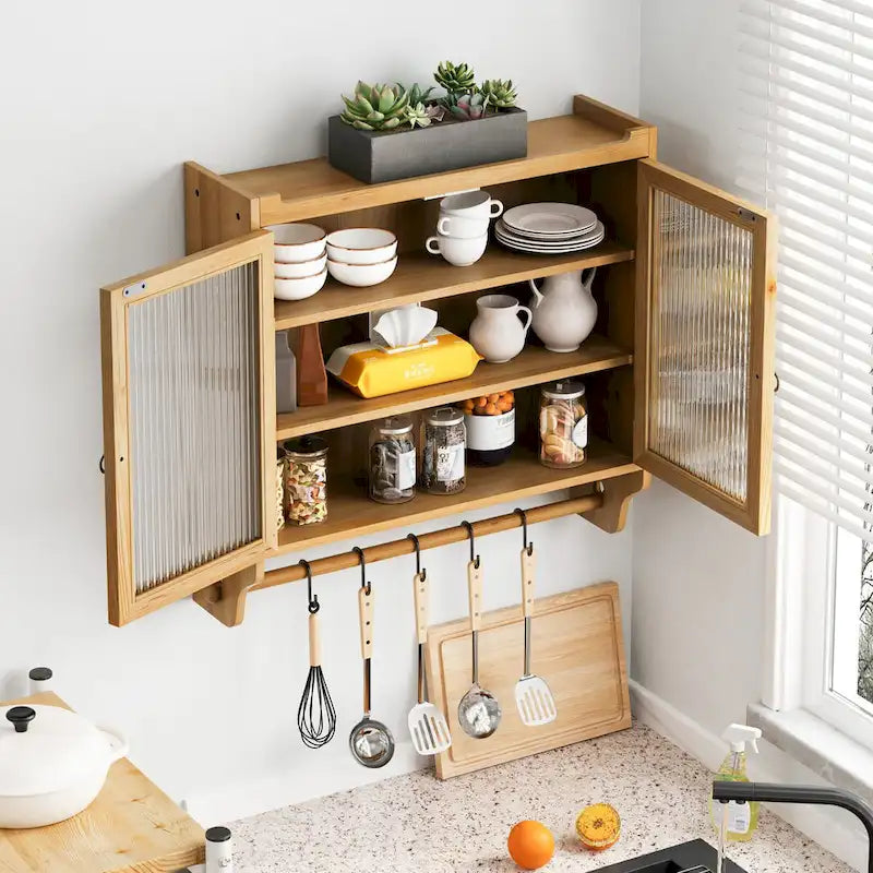 Armario de pared vintage con puertas de vidrio de 24.8", puertas dobles, almacenamiento de tres niveles y toallero