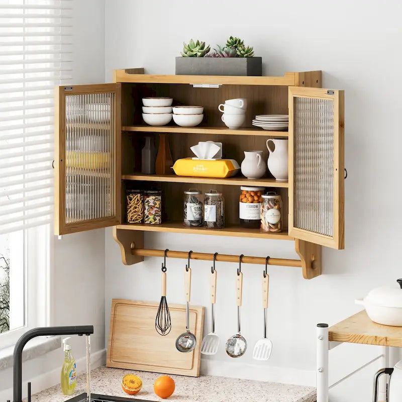 Armario de pared vintage con puertas de vidrio de 24.8", puertas dobles, almacenamiento de tres niveles y toallero