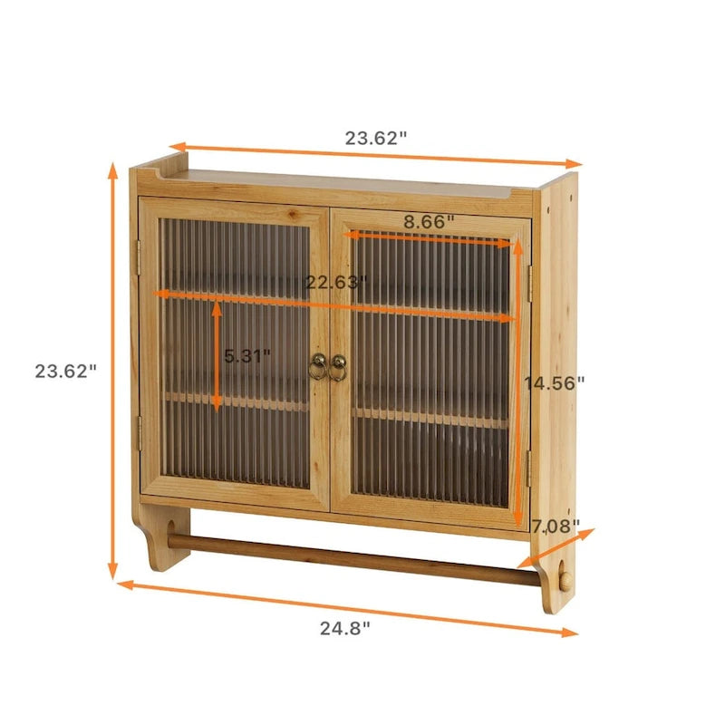 Armario de pared vintage con puertas de vidrio de 24.8", puertas dobles, almacenamiento de tres niveles y toallero